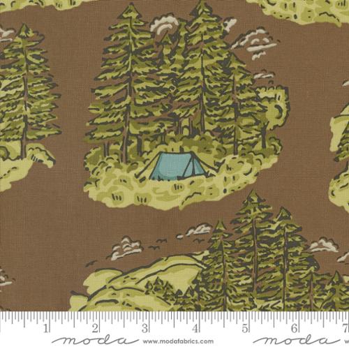 Cotton quilting fabric pattern called 'Vintage Camping in Soil'. Part of the 'The Great Outdoors' fabric collection. Designed by Stacy Iest Hsu for fabric company Moda. SKU: 20880 20. 44-45 inch width.