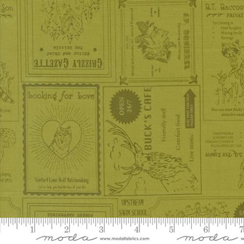 Cotton quilting fabric pattern called 'Vintage Forest in Grass'. Part of the 'The Great Outdoors' fabric collection. Designed by Stacy Iest Hsu for fabric company Moda. SKU: 20881 14. 44-45 inch width.