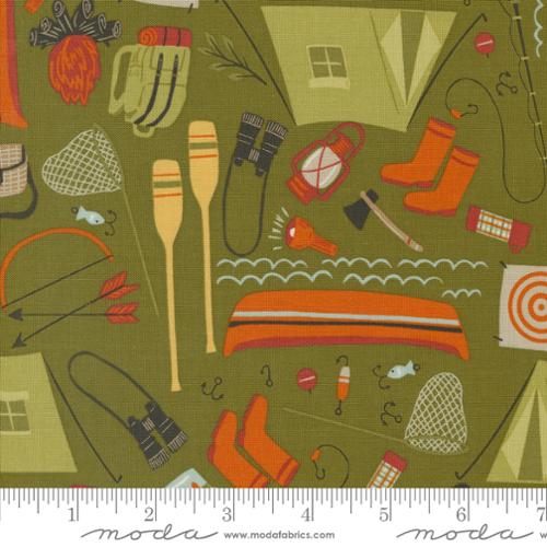 Cotton quilting fabric pattern called 'Camping Gear in Forest'. Part of the 'The Great Outdoors' fabric collection. Designed by Stacy Iest Hsu for fabric company Moda. SKU: 20882 13. 44-45 inch width.