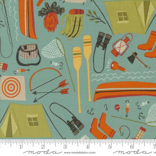 Cotton quilting fabric pattern called 'Camping Gear in Sky'. Part of the 'The Great Outdoors' fabric collection. Designed by Stacy Iest Hsu for fabric company Moda. SKU: 20882 18. 44-45 inch width.