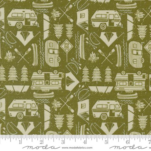 Cotton quilting fabric pattern called 'Open Road in Forest'. Part of the 'The Great Outdoors' fabric collection. Designed by Stacy Iest Hsu for fabric company Moda. SKU: 20884 13. 44-45 inch width.