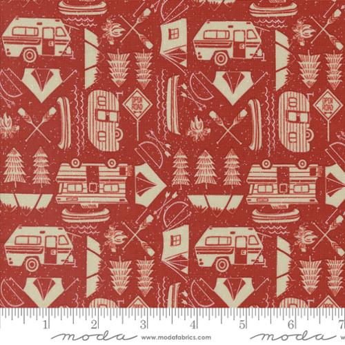 Cotton quilting fabric pattern called 'Open Road in Fire'. Part of the 'The Great Outdoors' fabric collection. Designed by Stacy Iest Hsu for fabric company Moda. SKU: 20884 15. 44-45 inch width.