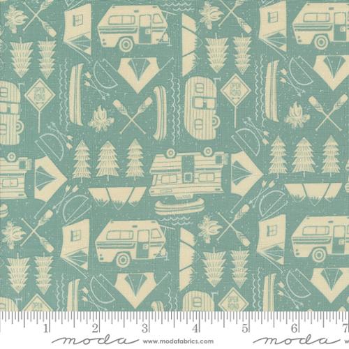 Cotton quilting fabric pattern called 'Open Road in Sky'. Part of the 'The Great Outdoors' fabric collection. Designed by Stacy Iest Hsu for fabric company Moda. SKU: 20884 18. 44-45 inch width.