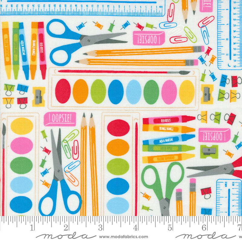 Cotton quilting fabric pattern called 'School Essentials in Paper'. Part of the 'Back to School' fabric collection. Designed by Stacy Iest Hsu for fabric company MODA. SKU: 20891 11. 44-45 inch width.