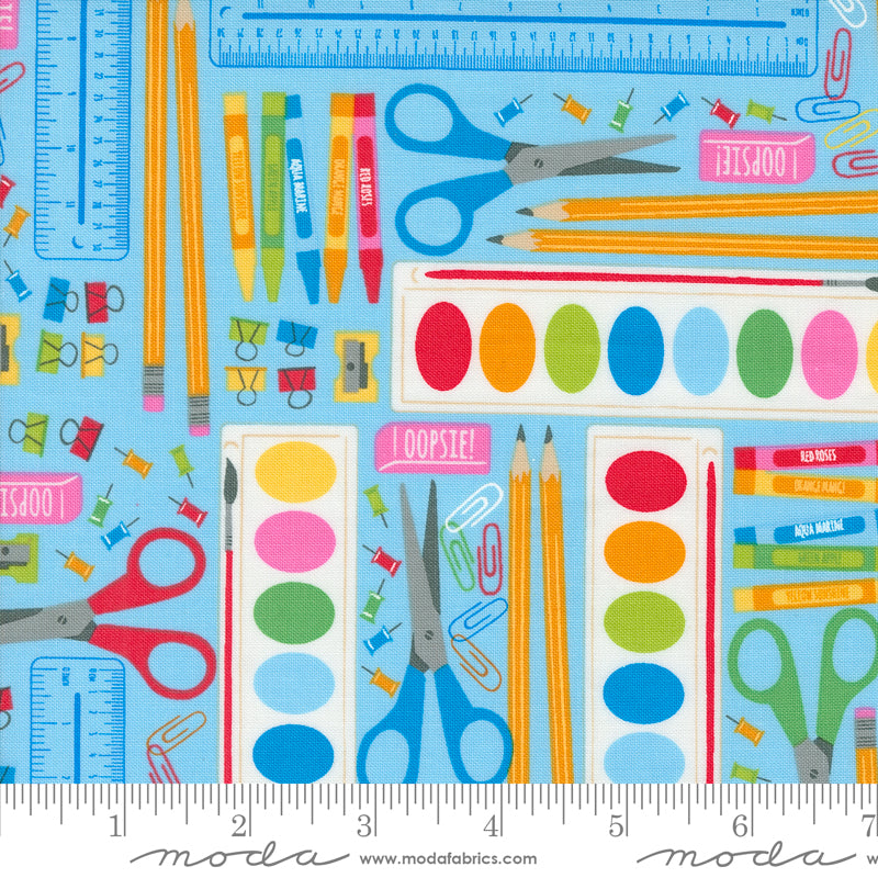 Cotton quilting fabric pattern called 'School Essentials in Water'. Part of the 'Back to School' fabric collection. Designed by Stacy Iest Hsu for fabric company MODA. SKU: 20891 16. 44-45 inch width.