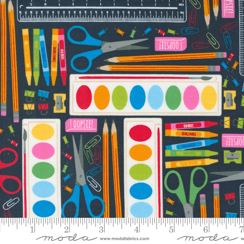 Cotton quilting fabric pattern called 'School Essentials in Blackboard'. Part of the 'Back to School' fabric collection. Designed by Stacy Iest Hsu for fabric company MODA. SKU: 20891 19. 44-45 inch width.