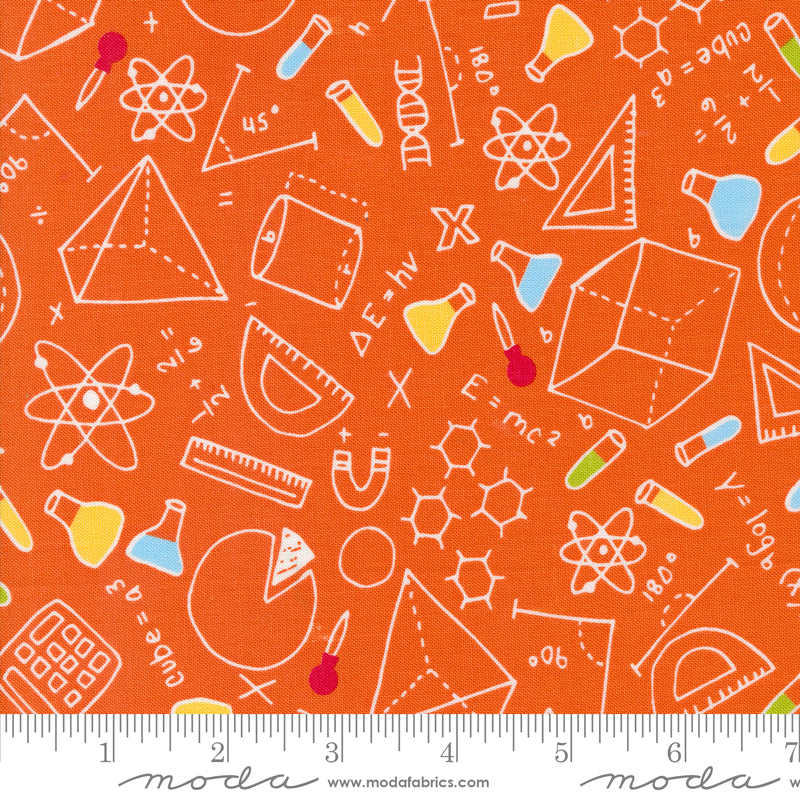 Cotton quilting fabric pattern called 'Math N Science in Orange'. Part of the 'Back to School' fabric collection. Designed by Stacy Iest Hsu for fabric company MODA. SKU: 20892 13. 44-45 inch width.