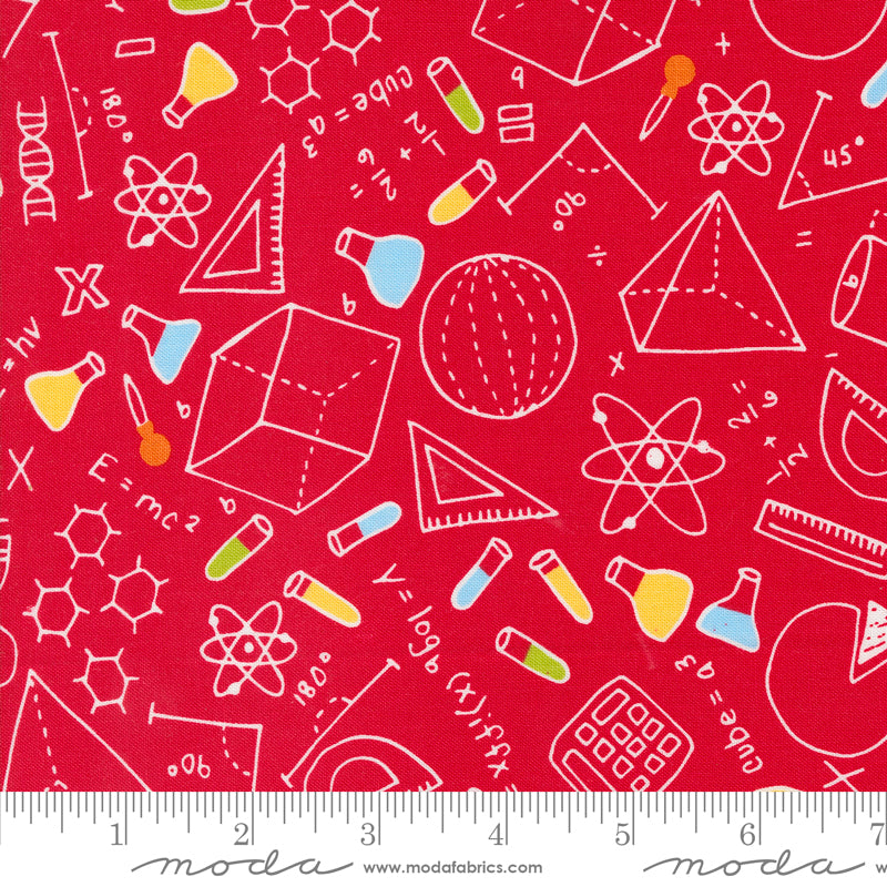 Cotton quilting fabric pattern called 'Math N Science in Apple'. Part of the 'Back to School' fabric collection. Designed by Stacy Iest Hsu for fabric company MODA. SKU: 20892 14. 44-45 inch width.