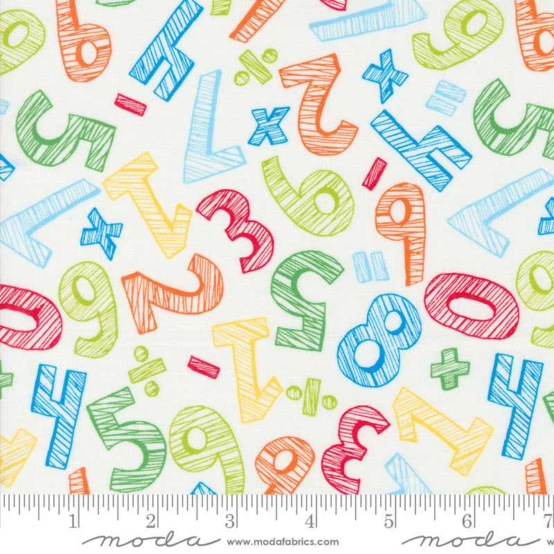 Cotton quilting fabric pattern called 'Numbers in Paper'. Part of the 'Back to School' fabric collection. Designed by Stacy Iest Hsu for fabric company MODA. SKU: 20893 11. 44-45 inch width.