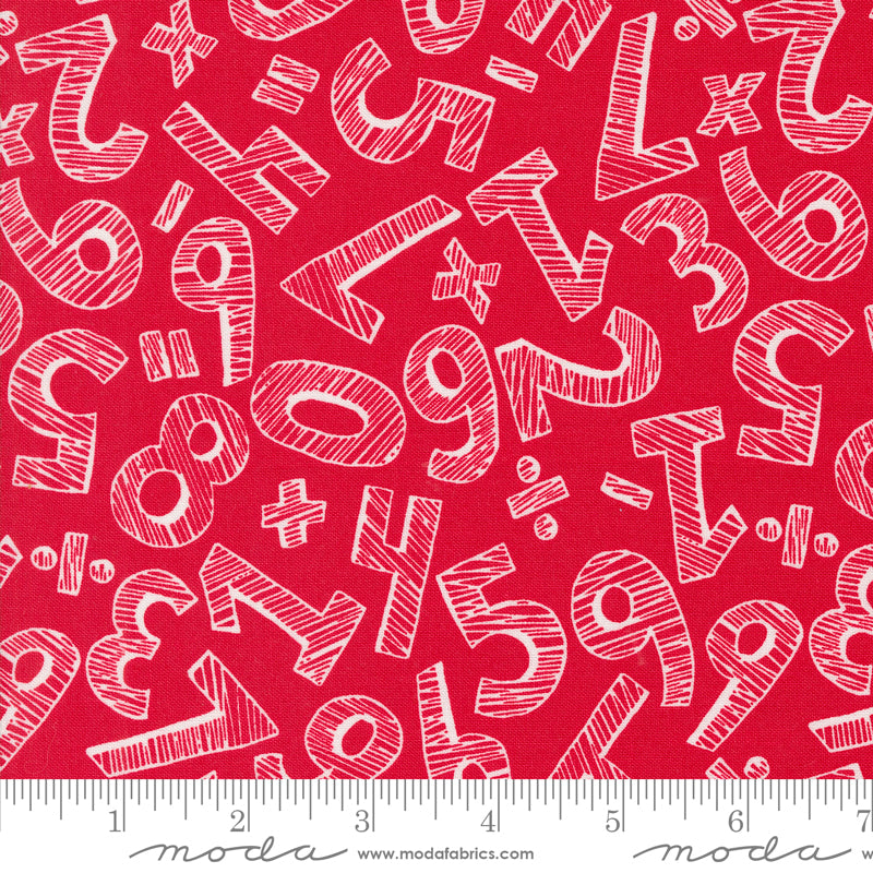 Cotton quilting fabric pattern called 'Numbers in Apple'. Part of the 'Back to School' fabric collection. Designed by Stacy Iest Hsu for fabric company MODA. SKU: 20893 14. 44-45 inch width.