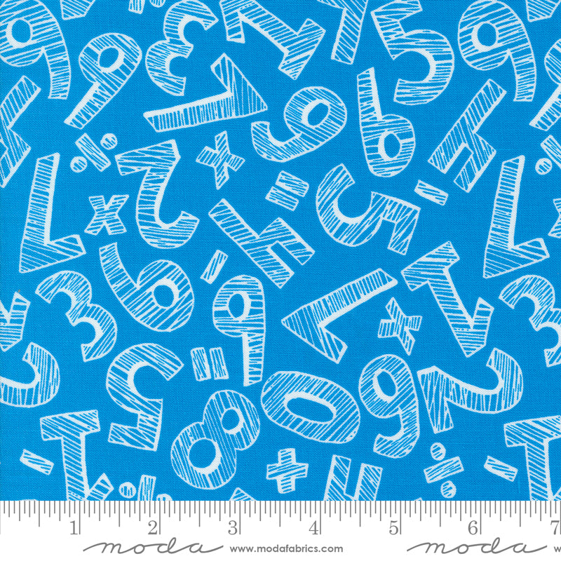 Cotton quilting fabric pattern called 'Numbers in Bright Sky'. Part of the 'Back to School' fabric collection. Designed by Stacy Iest Hsu for fabric company MODA. SKU: 20893 15. 44-45 inch width.