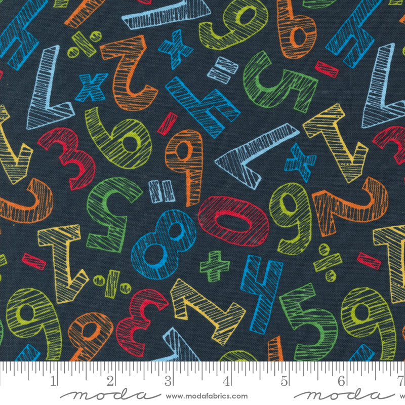 Cotton quilting fabric pattern called 'Numbers in Blackboard'. Part of the 'Back to School' fabric collection. Designed by Stacy Iest Hsu for fabric company MODA. SKU: 20893 19. 44-45 inch width.