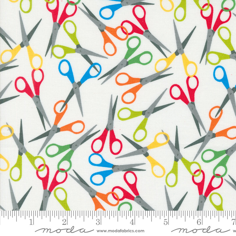 Cotton quilting fabric pattern called 'Scissors in Paper'. Part of the 'Back to School' fabric collection. Designed by Stacy Iest Hsu for fabric company MODA. SKU: 20894 11. 44-45 inch width.