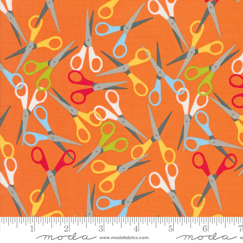 Cotton quilting fabric pattern called 'Scissors in Orange'. Part of the 'Back to School' fabric collection. Designed by Stacy Iest Hsu for fabric company MODA. SKU: 20894 13. 44-45 inch width.