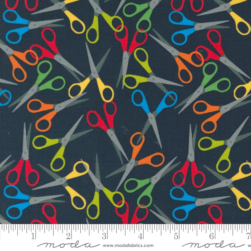 Cotton quilting fabric pattern called 'Scissors in Blackboard'. Part of the 'Back to School' fabric collection. Designed by Stacy Iest Hsu for fabric company MODA. SKU: 20894 19. 44-45 inch width.