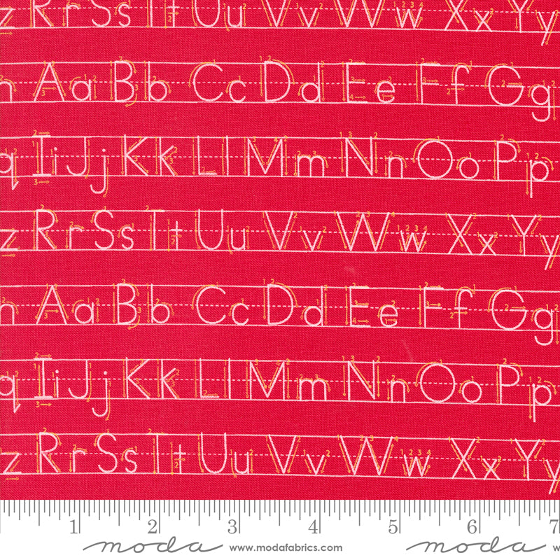 Cotton quilting fabric pattern called 'Writing Letters in Apple'. Part of the 'Back to School' fabric collection. Designed by Stacy Iest Hsu for fabric company MODA. SKU: 20895 14. 44-45 inch width.