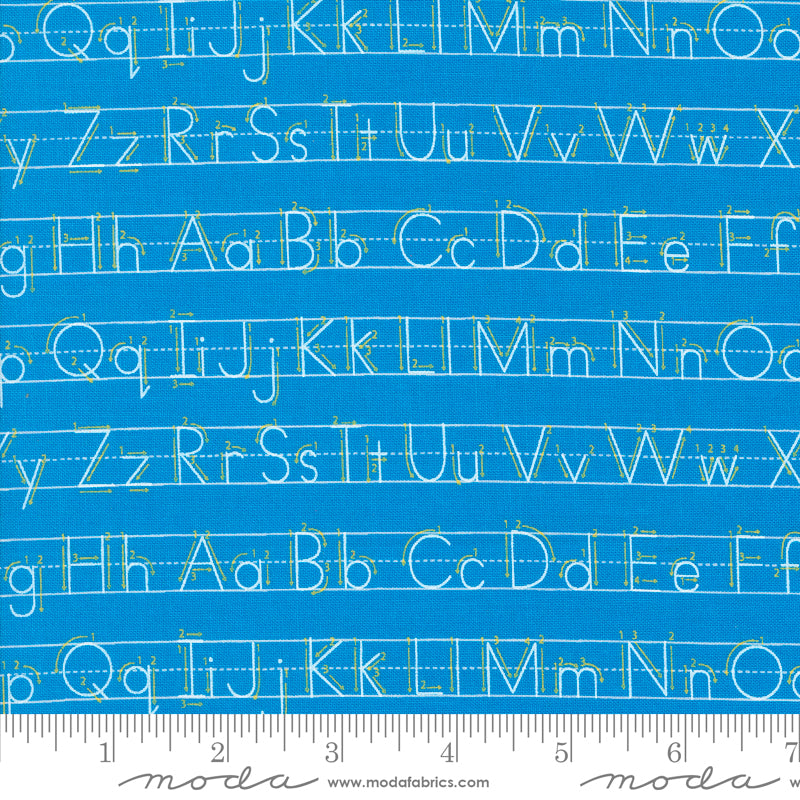 Cotton quilting fabric pattern called 'Writing Letters in Bright Sky'. Part of the 'Back to School' fabric collection. Designed by Stacy Iest Hsu for fabric company MODA. SKU: 20895 15. 44-45 inch width.