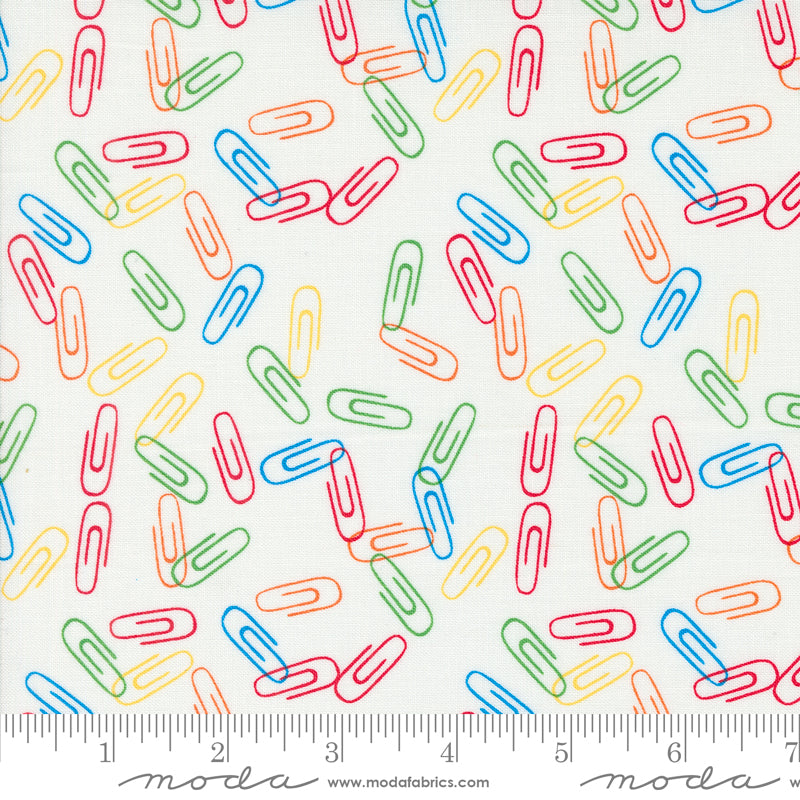 Cotton quilting fabric pattern called 'Clip It in Paper'. Part of the 'Back to School' fabric collection. Designed by Stacy Iest Hsu for fabric company MODA. SKU: 20896 11. 44-45 inch width.