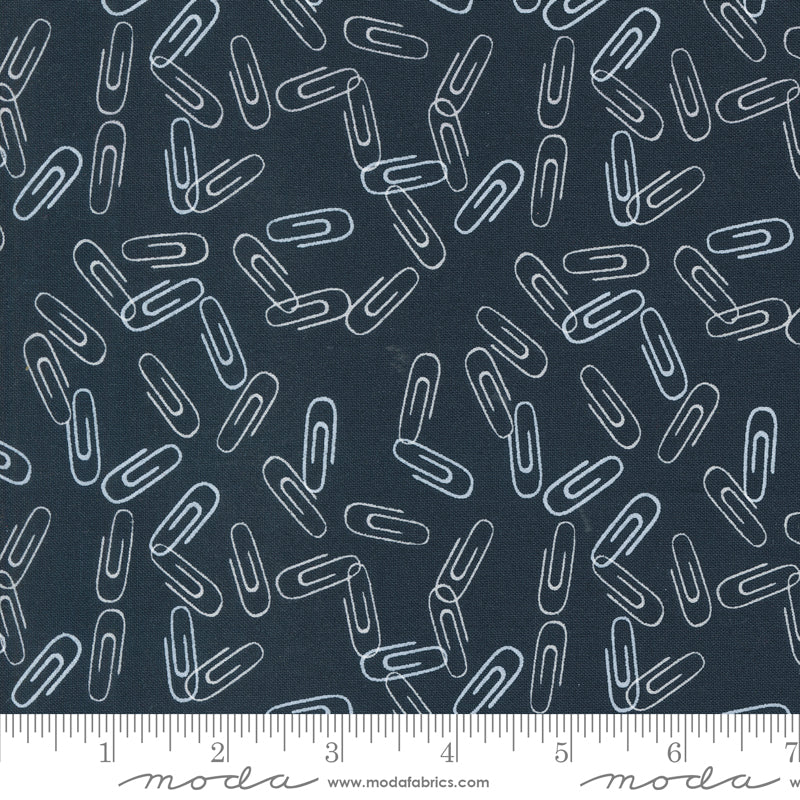 Cotton quilting fabric pattern called 'Clip It in Blackboard'. Part of the 'Back to School' fabric collection. Designed by Stacy Iest Hsu for fabric company MODA. SKU: 20896 19. 44-45 inch width.