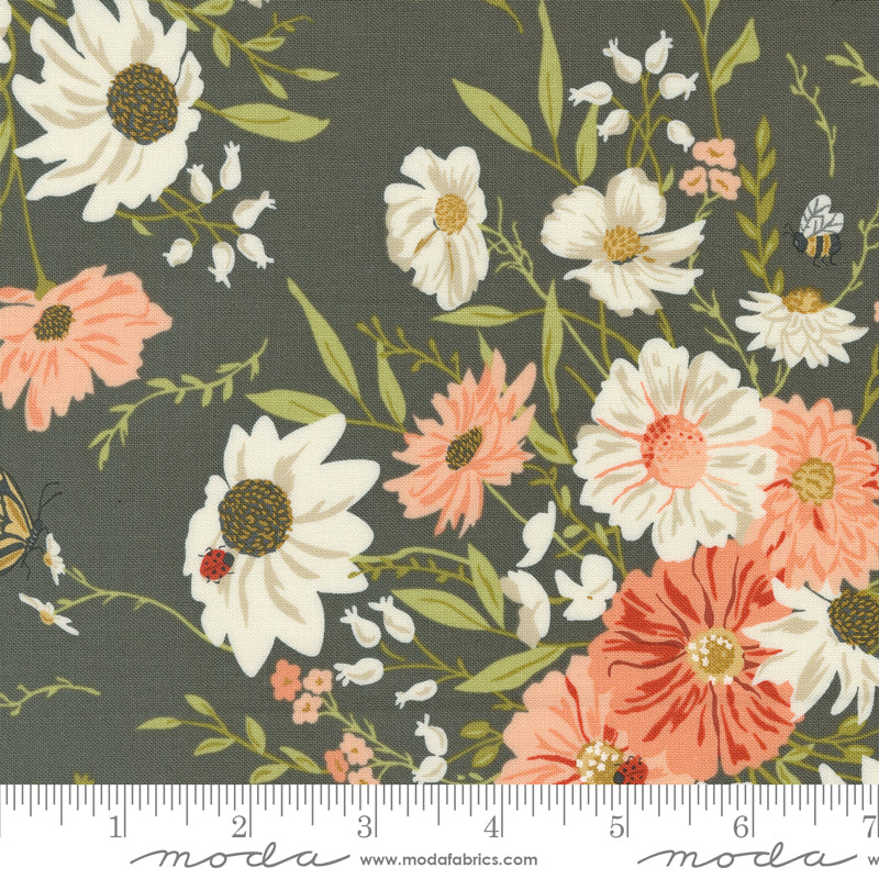 Cotton quilting fabric pattern called 'Farm Fresh Flowers in Charcoal'. Part of the 'Farmstead' fabric collection. Designed by Stacy Iest Hsu for fabric company MODA. SKU: 20900 16. 44-45 inch width.