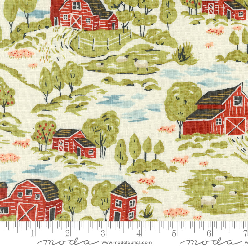 Cotton quilting fabric pattern called 'Vintage Farm Scene in Porcelain'. Part of the 'Farmstead' fabric collection. Designed by Stacy Iest Hsu for fabric company MODA. SKU: 20901 11. 44-45 inch width.