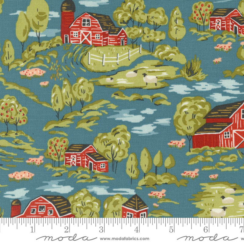 Cotton quilting fabric pattern called 'Vintage Farm Scene in Overalls'. Part of the 'Farmstead' fabric collection. Designed by Stacy Iest Hsu for fabric company MODA. SKU: 20901 15. 44-45 inch width.