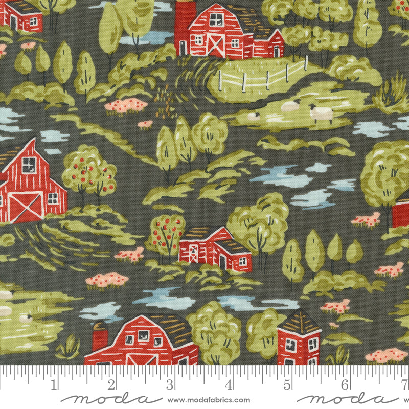 Cotton quilting fabric pattern called 'Vintage Farm Scene in Charcoal'. Part of the 'Farmstead' fabric collection. Designed by Stacy Iest Hsu for fabric company MODA. SKU: 20901 16. 44-45 inch width.