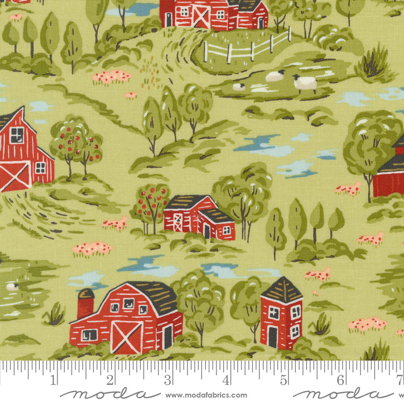 Cotton quilting fabric pattern called 'Vintage Farm Scene in Celery'. Part of the 'Farmstead' fabric collection. Designed by Stacy Iest Hsu for fabric company MODA. SKU: 20901 17. 44-45 inch width.