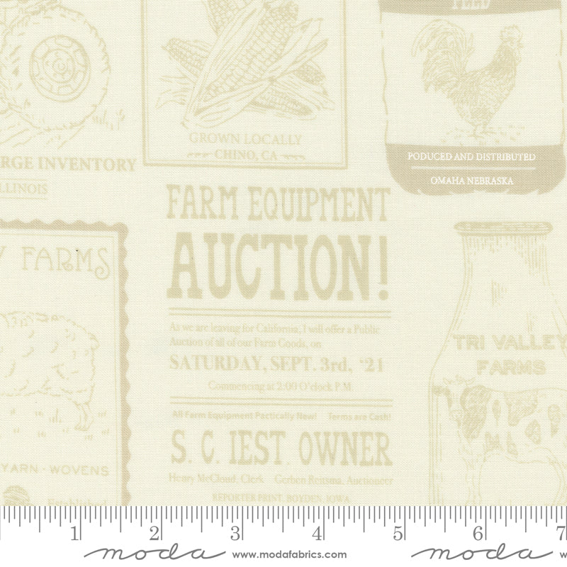 Cotton quilting fabric pattern called 'Vintage Farm in Tonal Porcelain'. Part of the 'Farmstead' fabric collection. Designed by Stacy Iest Hsu for fabric company MODA. SKU: 20902 31. 44-45 inch width.