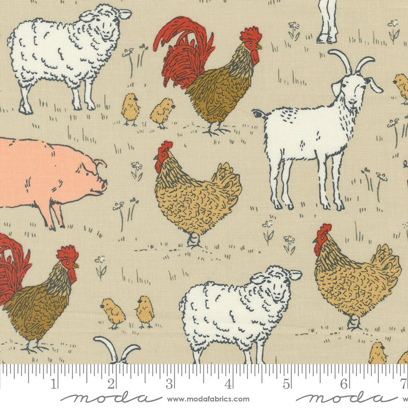 Cotton quilting fabric pattern called 'Animal Farm in Linen'. Part of the 'Farmstead' fabric collection. Designed by Stacy Iest Hsu for fabric company MODA. SKU: 20903 12. 44-45 inch width.