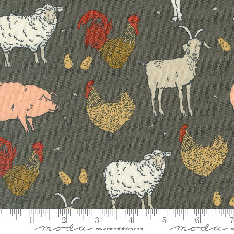 Cotton quilting fabric pattern called 'Animal Farm in Charcoal'. Part of the 'Farmstead' fabric collection. Designed by Stacy Iest Hsu for fabric company MODA. SKU: 20903 16. 44-45 inch width.