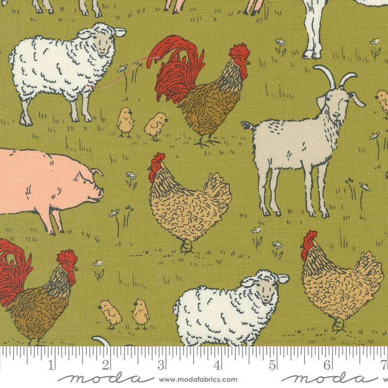 Cotton quilting fabric pattern called 'Animal Farm in Meadow'. Part of the 'Farmstead' fabric collection. Designed by Stacy Iest Hsu for fabric company MODA. SKU: 20903 19. 44-45 inch width.