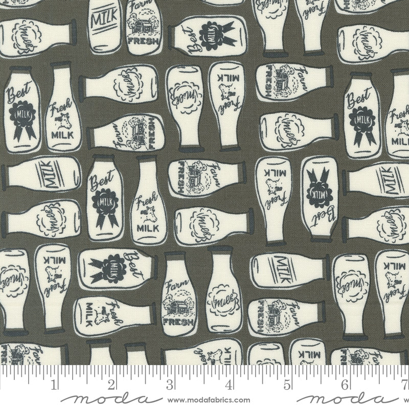 Cotton quilting fabric pattern called 'Milk and More in Charcoal'. Part of the 'Farmstead' fabric collection. Designed by Stacy Iest Hsu for fabric company MODA. SKU: 20904 16. 44-45 inch width.