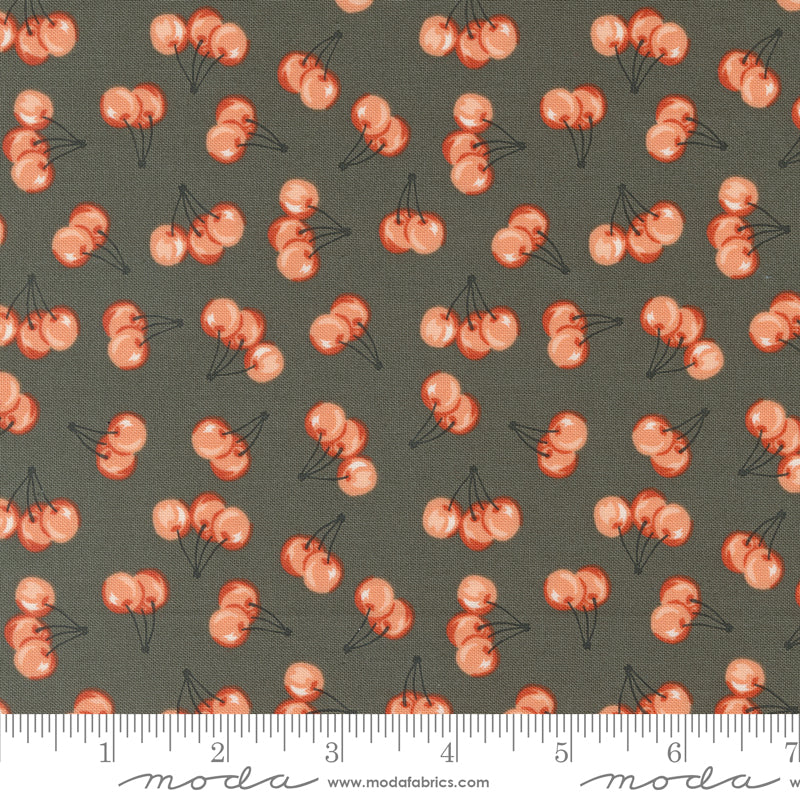 Cotton quilting fabric pattern called 'Farm Fresh Cherries in Charcoal'. Part of the 'Farmstead' fabric collection. Designed by Stacy Iest Hsu for fabric company MODA. SKU: 20906 16. 44-45 inch width.