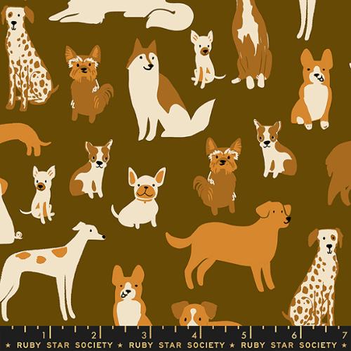 Cotton quilting fabric pattern called 'Dog Medley in Cocoa'. Part of the 'Dog Park' fabric collection. Designed by Sarah Watts for fabric company Ruby Star Society. SKU: RS2094 15. 44-45 inch width.