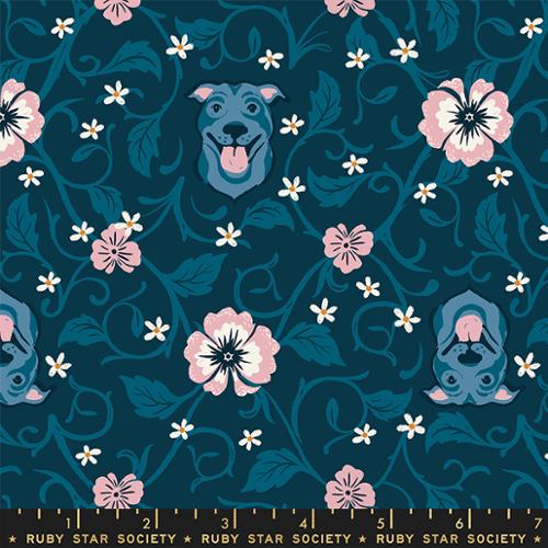 Cotton quilting fabric pattern called 'Pitbull in Teal Navy'. Part of the 'Dog Park' fabric collection. Designed by Sarah Watts for fabric company Ruby Star Society. SKU: RS2095 14. 44-45 inch width.