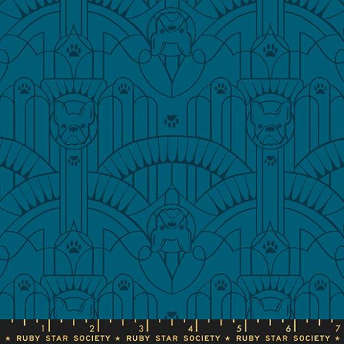 Cotton quilting fabric pattern called 'Deco Pup in Teal'. Part of the 'Dog Park' fabric collection. Designed by Sarah Watts for fabric company Ruby Star Society. SKU: RS2097 15. 44-45 inch width.