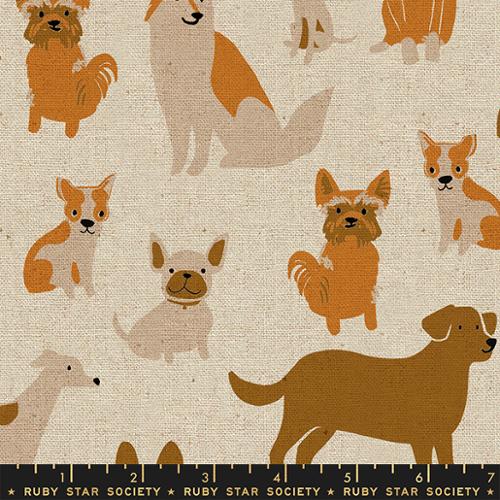 Cotton quilting fabric pattern called 'Dog Medley in Natural'. Part of the 'Dog Park' fabric collection. Designed by Sarah Watts for fabric company Ruby Star Society. SKU: RS2101 12L. 44-45 inch width.