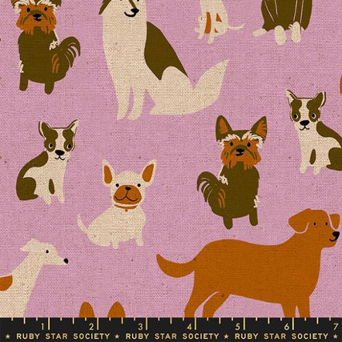 Cotton quilting fabric pattern called 'Dog Medley in Macaron'. Part of the 'Dog Park' fabric collection. Designed by Sarah Watts for fabric company Ruby Star Society. SKU: RS2101 20L. 44-45 inch width.