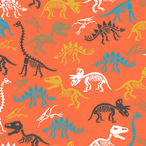 Cotton flannel quilting fabric pattern called 'Orange Skeleton Scatter flannel'. Part of the 'Totally Roarsome' fabric collection. Designed by Josh Rey for the 3 Wishes Fabric fabric company. SKU: 21670-ORG . 44-45 inch width.