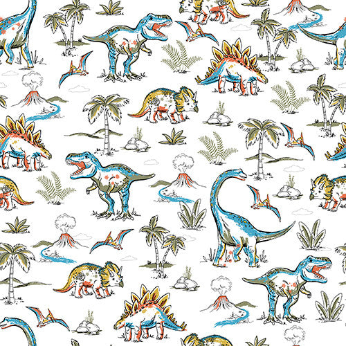 Cotton flannel quilting fabric pattern called 'White Mighty Landscape flannel'. Part of the 'Totally Roarsome' fabric collection. Designed by Josh Rey for the 3 Wishes Fabric fabric company. SKU: 21672-WHT . 44-45 inch width.