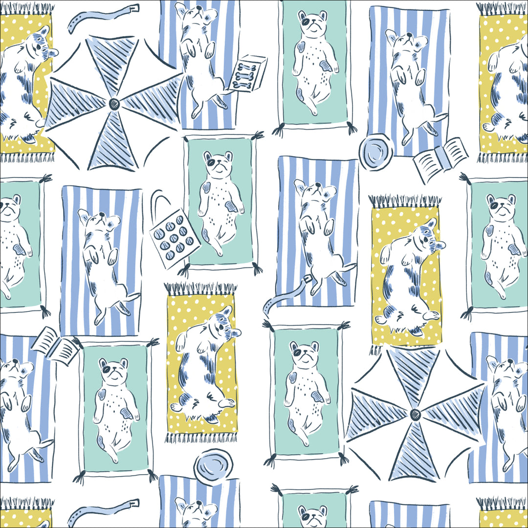 Cotton quilting fabric pattern called 'Sunbathing Pups'. Part of the 'Dog Days of Summer' fabric collection. Designed by Krissy Mast for fabric company Cloud 9 Fabrics. SKU: 227412. 44-45 inch width.