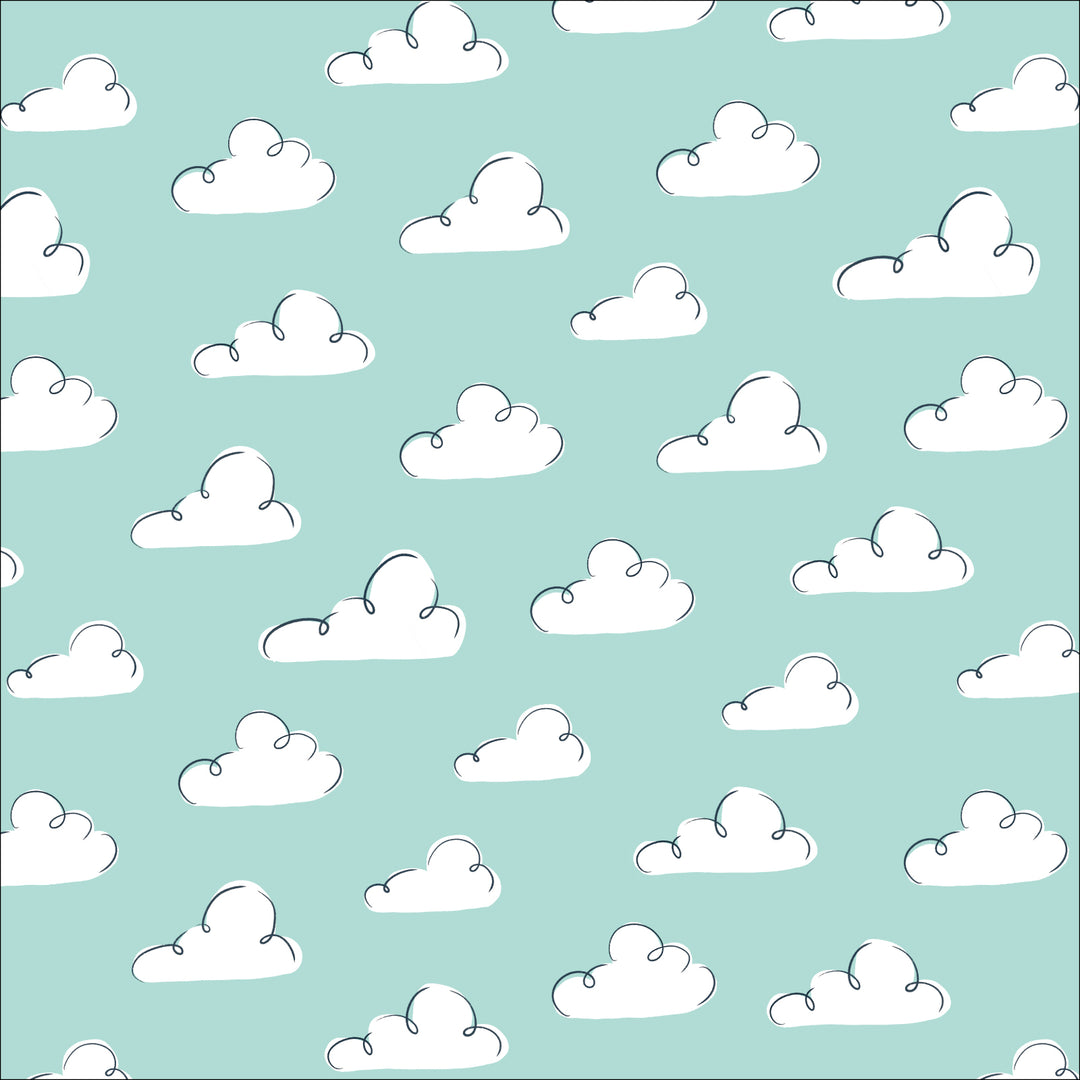 Cotton quilting fabric pattern called 'Summer Sky in Aqua'. Part of the 'Dog Days of Summer' fabric collection. Designed by Krissy Mast for fabric company Cloud 9 Fabrics. SKU: 227413. 44-45 inch width.