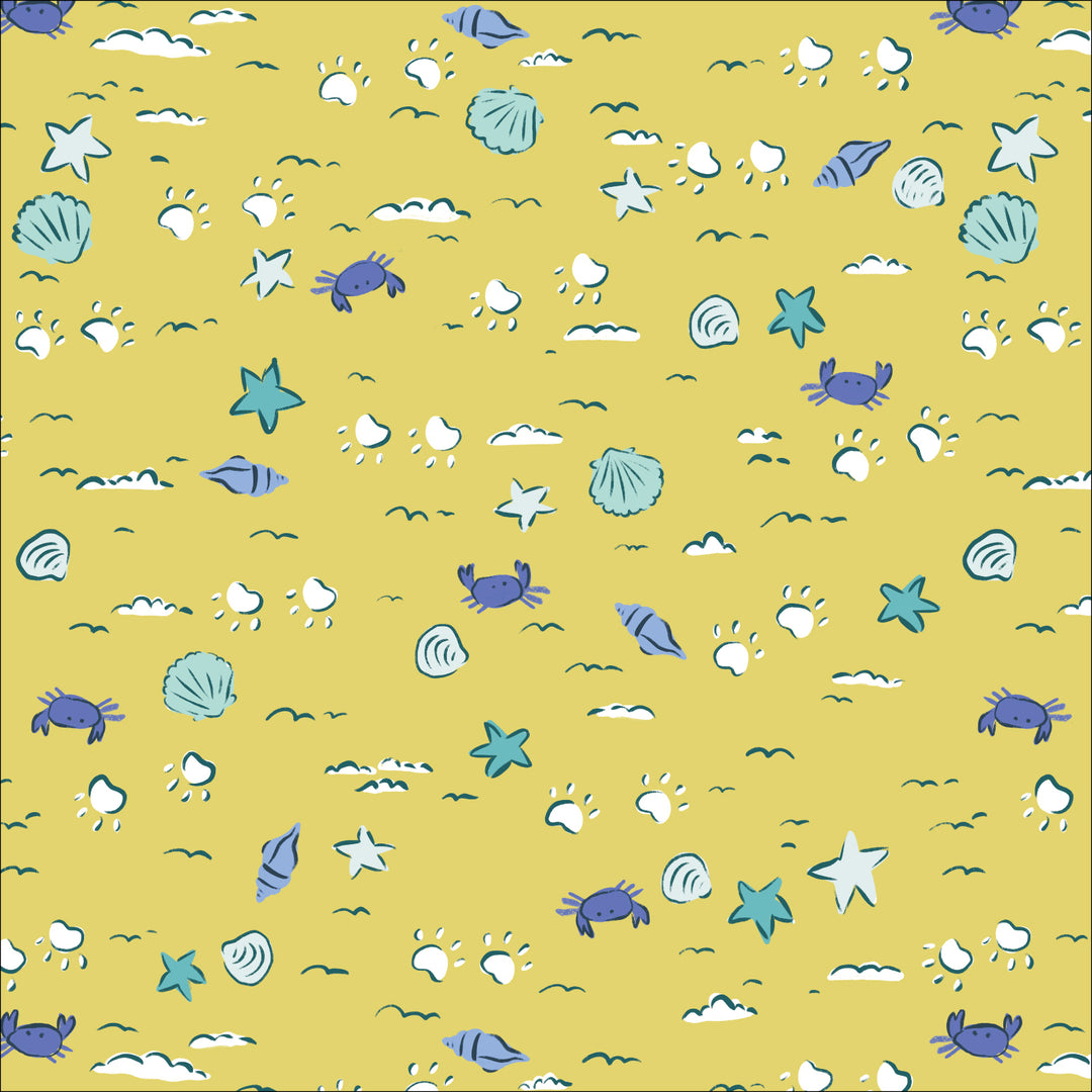 Cotton quilting fabric pattern called 'Sandy Paws'. Part of the 'Dog Days of Summer' fabric collection. Designed by Krissy Mast for fabric company Cloud 9 Fabrics. SKU: 227417. 44-45 inch width.