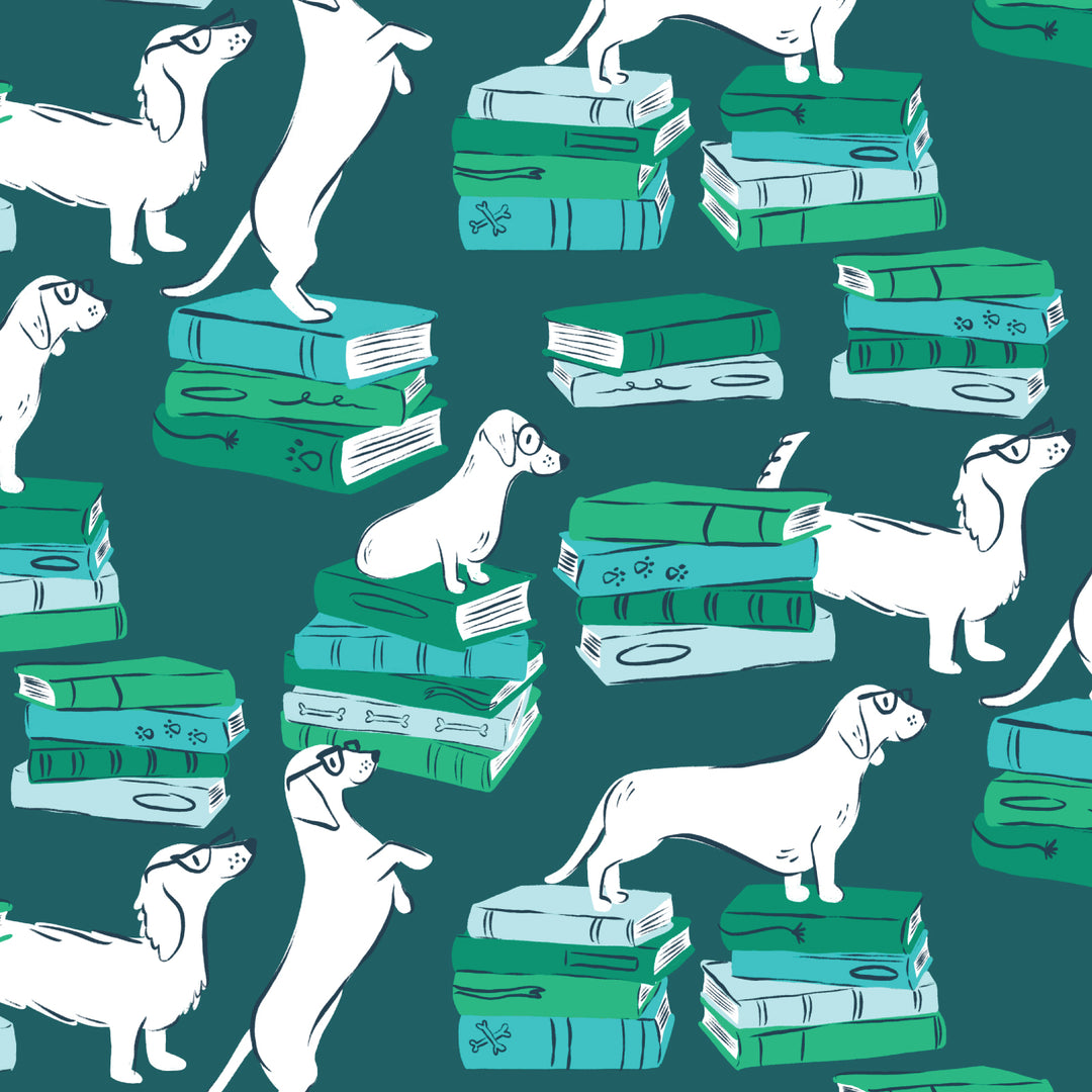 Cotton quilting fabric pattern called 'Library Hounds'. Part of the 'Teacher's Pet' fabric collection. Designed by Krissy Mast for fabric company Cloud 9 Fabrics. SKU: 227495. 44-45 inch width.