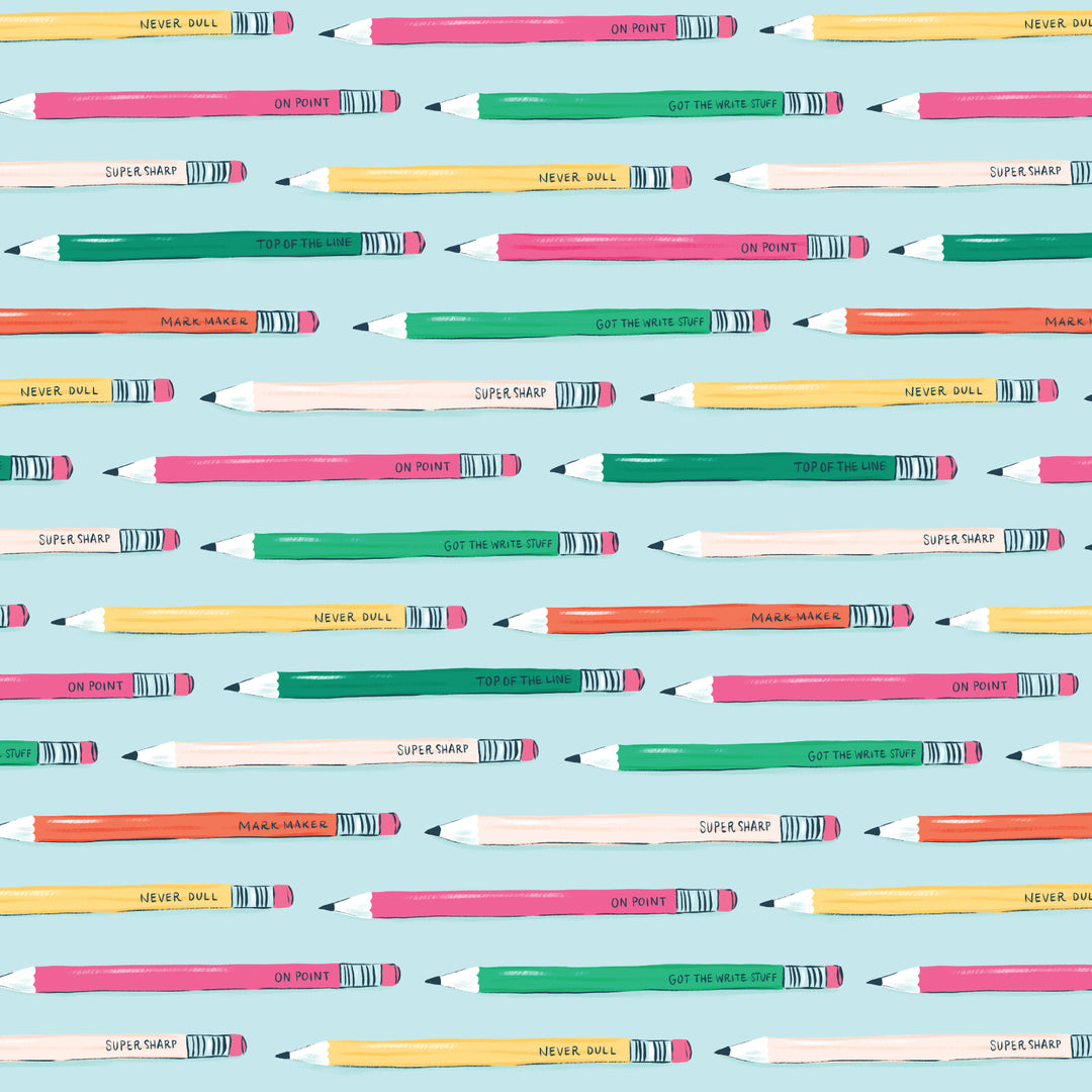 Cotton quilting fabric pattern called 'Punny Pencils'. Part of the 'Teacher's Pet' fabric collection. Designed by Krissy Mast for fabric company Cloud 9 Fabrics. SKU: 227497. 44-45 inch width.