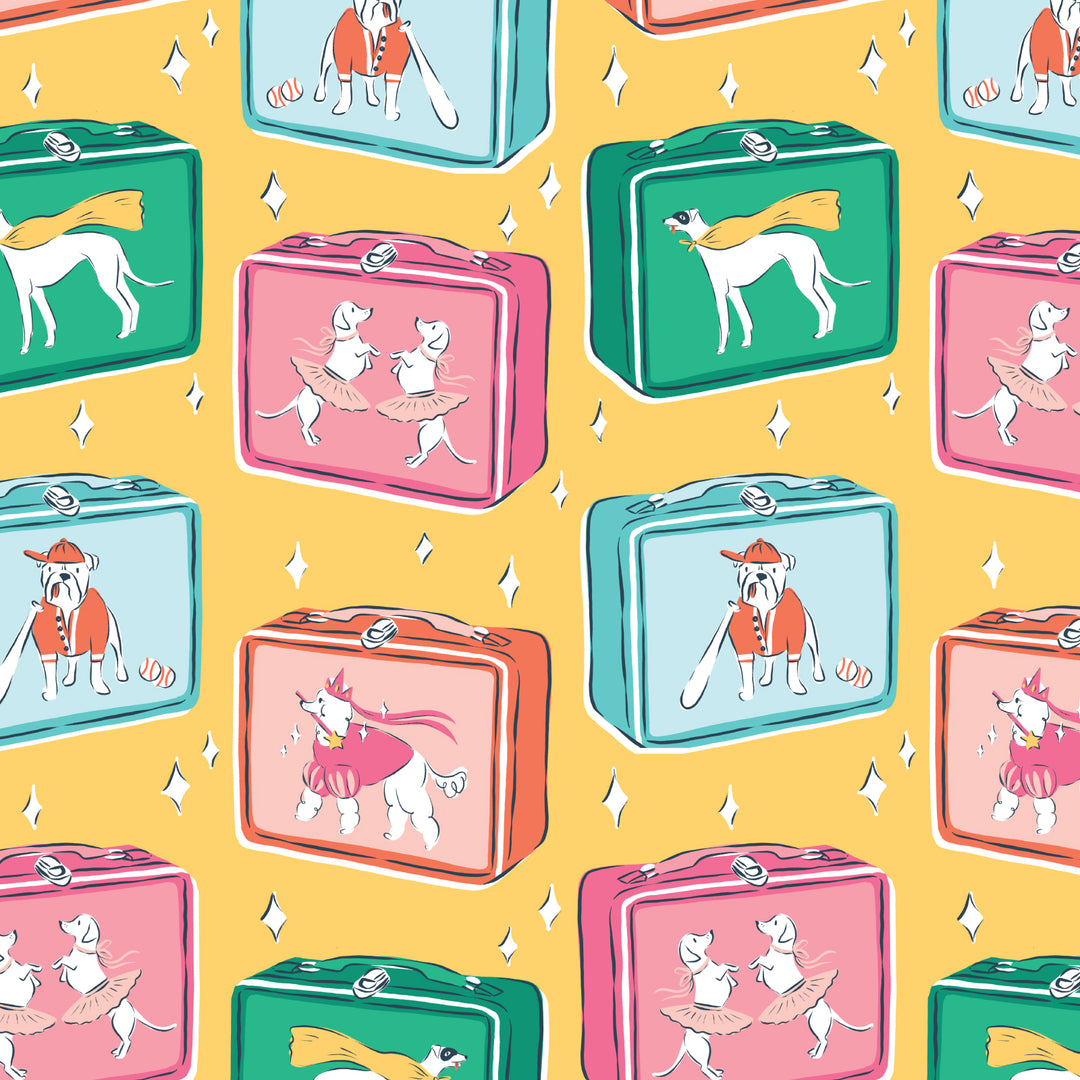 Cotton quilting fabric pattern called 'Lunch Buddies'. Part of the 'Teacher's Pet' fabric collection. Designed by Krissy Mast for fabric company Cloud 9 Fabrics. SKU: 227498. 44-45 inch width.