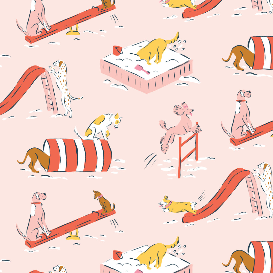 Cotton quilting fabric pattern called 'Playground Pups'. Part of the 'Teacher's Pet' fabric collection. Designed by Krissy Mast for fabric company Cloud 9 Fabrics. SKU: 227499. 44-45 inch width.