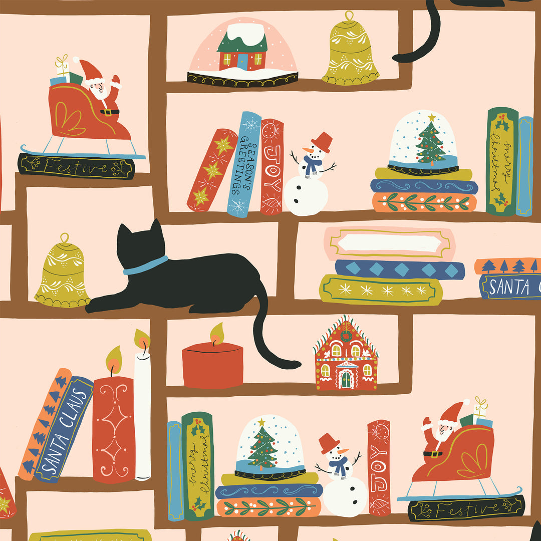 Cotton quilting fabric pattern called 'Christmas Shelves'. Part of the 'Tinsel Time!' fabric collection. Designed by Louise Cunningham for fabric company Cloud 9 Fabrics. SKU: 227521. 44-45 inch width.