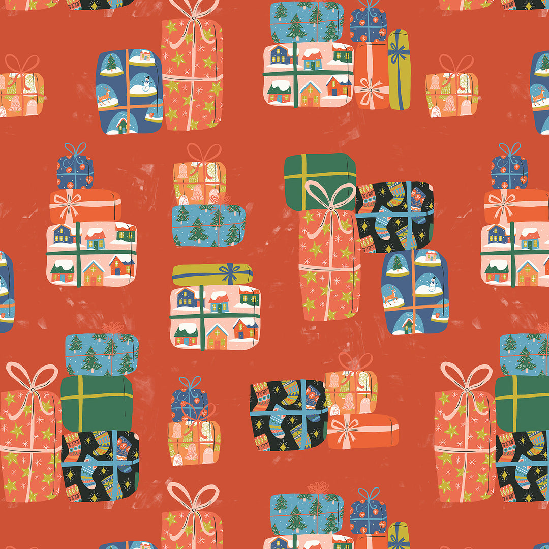 Cotton quilting fabric pattern called 'Christmas Surprises'. Part of the 'Tinsel Time!' fabric collection. Designed by Louise Cunningham for fabric company Cloud 9 Fabrics. SKU: 227522. 44-45 inch width.